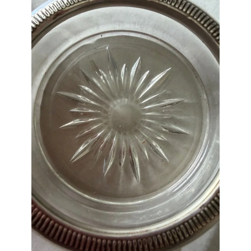 Vintage Sterling Silver Rim Glass Coasters Starburst Set of 2 Gadroon Edge